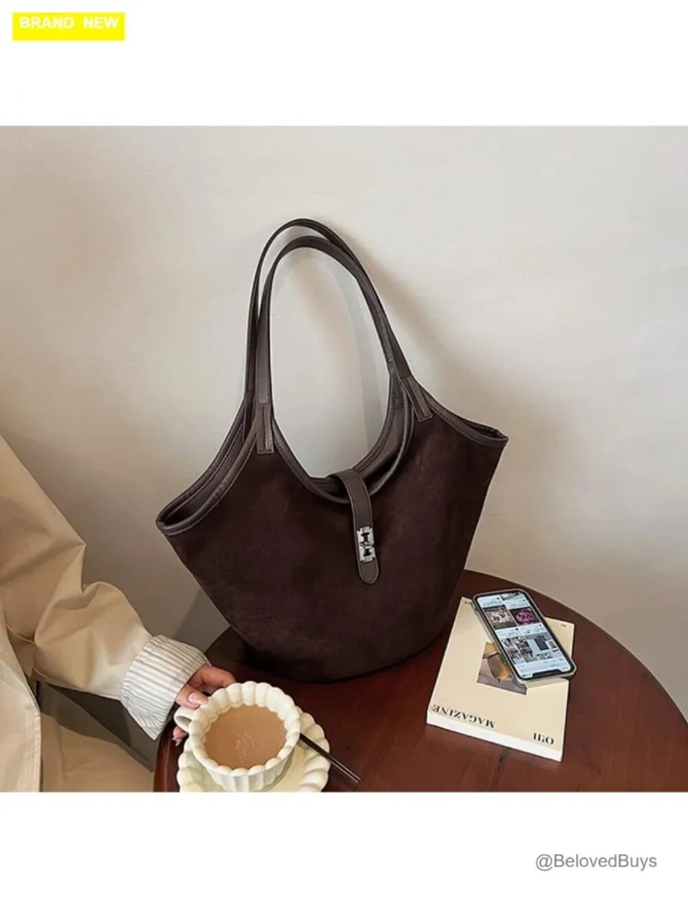 Faux Suede Hobo Tote Bag with Cross Lock, Zipper Closure